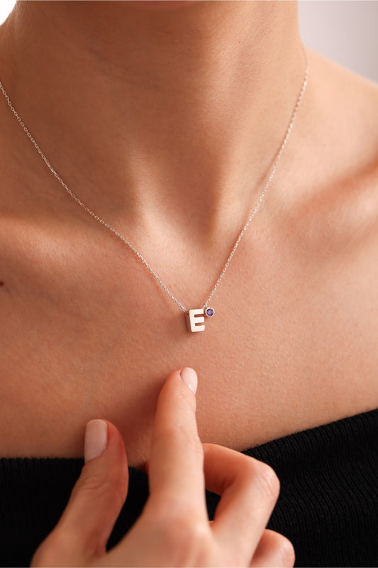 3D Initial Birthstone Necklace