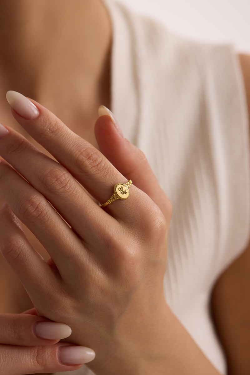 Signet Birthflower Ring